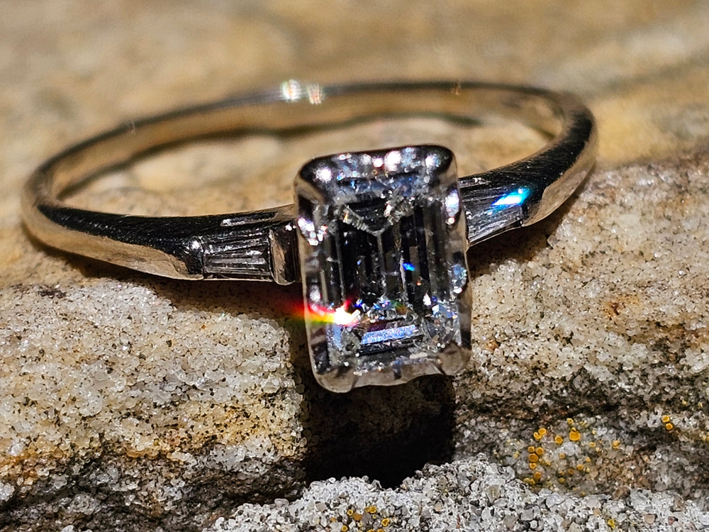Emerald Cut Diamond Engagement Ring / 0.81 ct Diamond Engagement Ring / Emerald and Baguette Diamond Engagement Ring