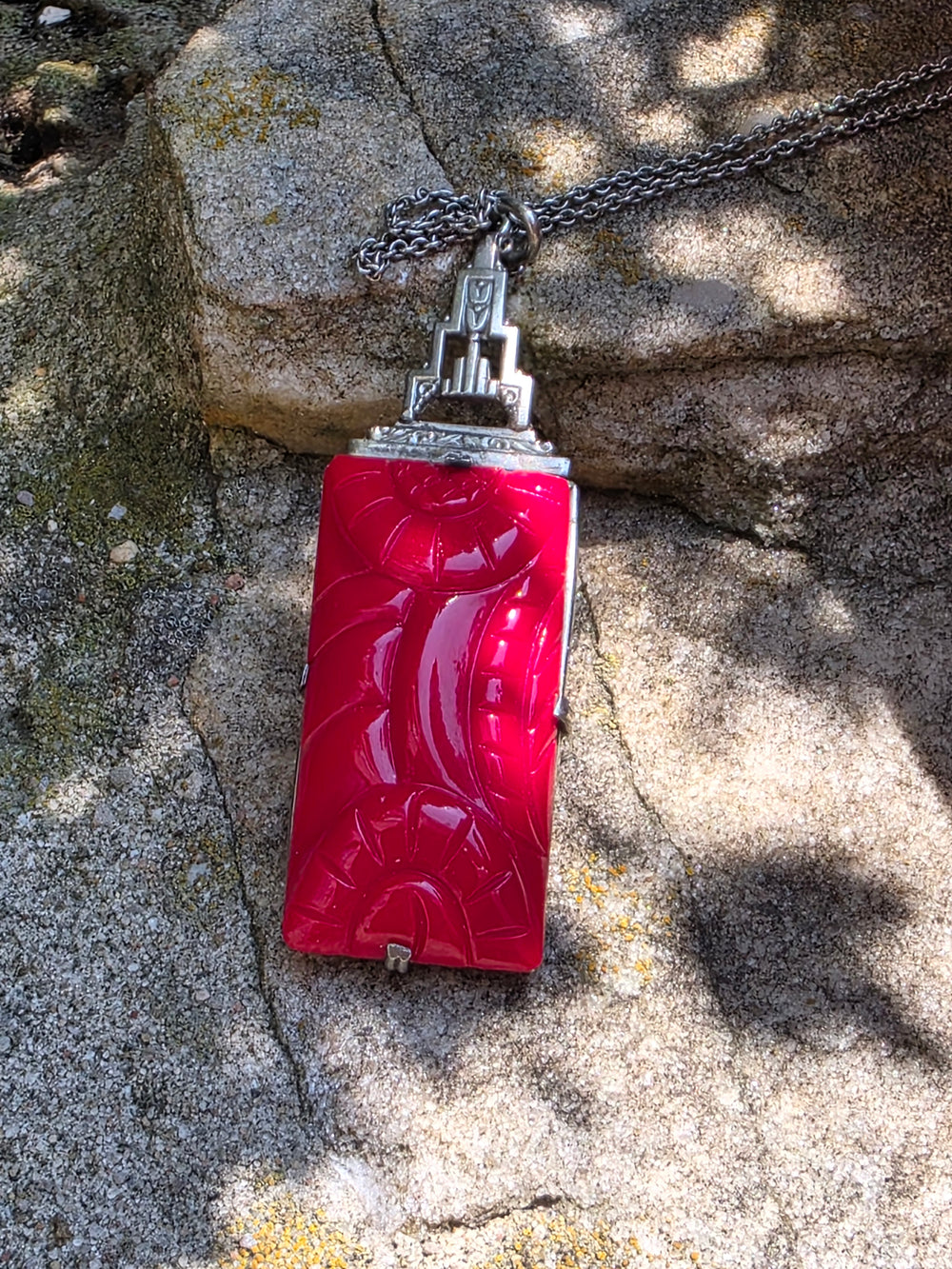 Art Deco Sterling Necklace / Glass Cinnabar Deco Necklace / 1930s Vintage Necklace