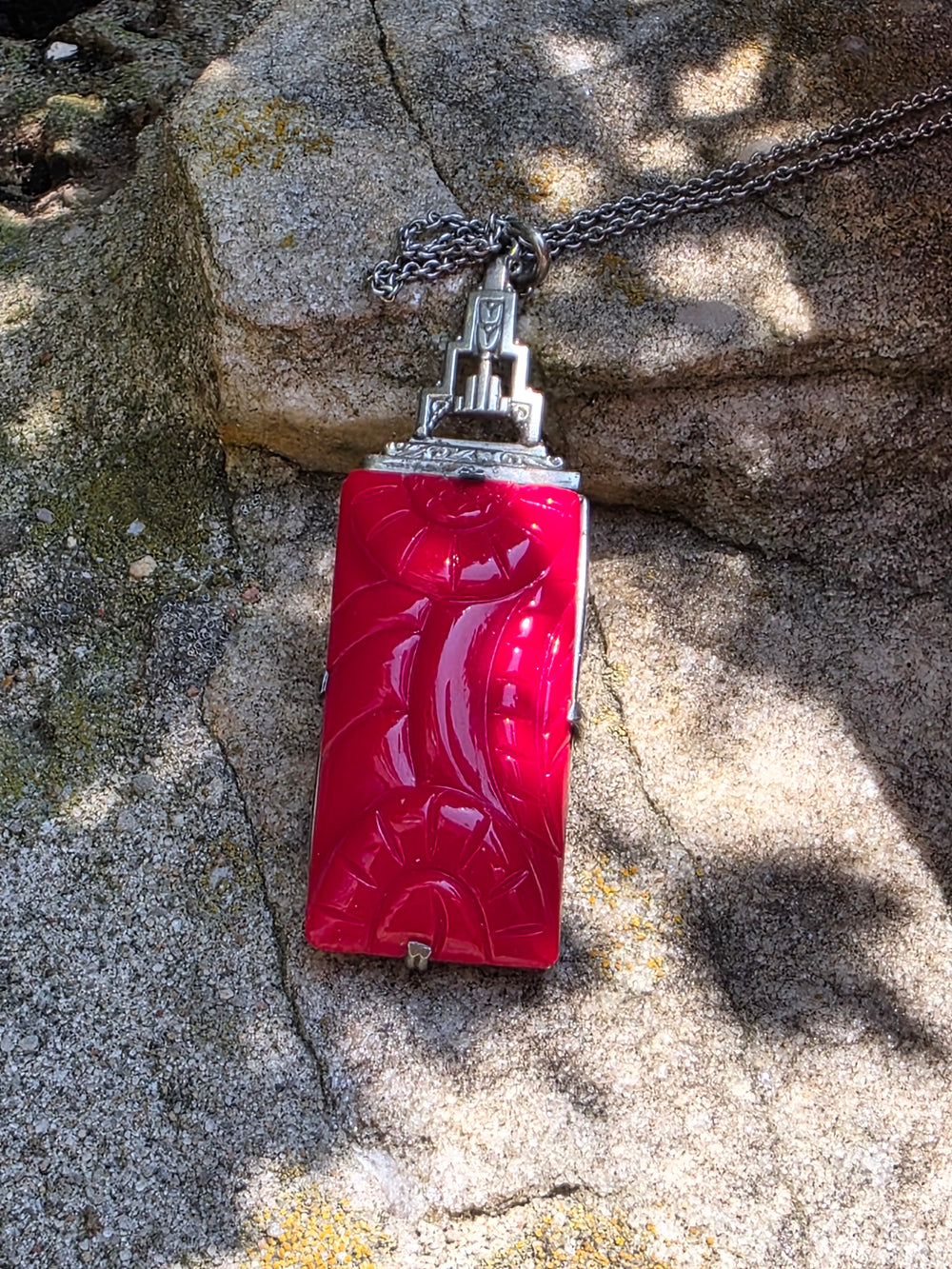 Art Deco Sterling Necklace / Glass Cinnabar Deco Necklace / 1930s Vintage Necklace