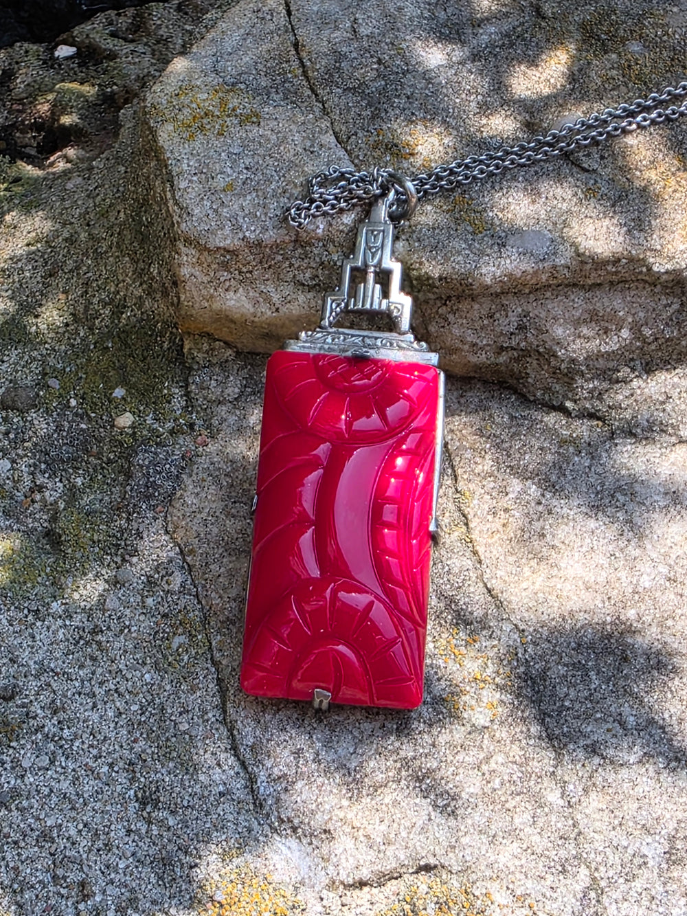 Art Deco Sterling Necklace / Glass Cinnabar Deco Necklace / 1930s Vintage Necklace