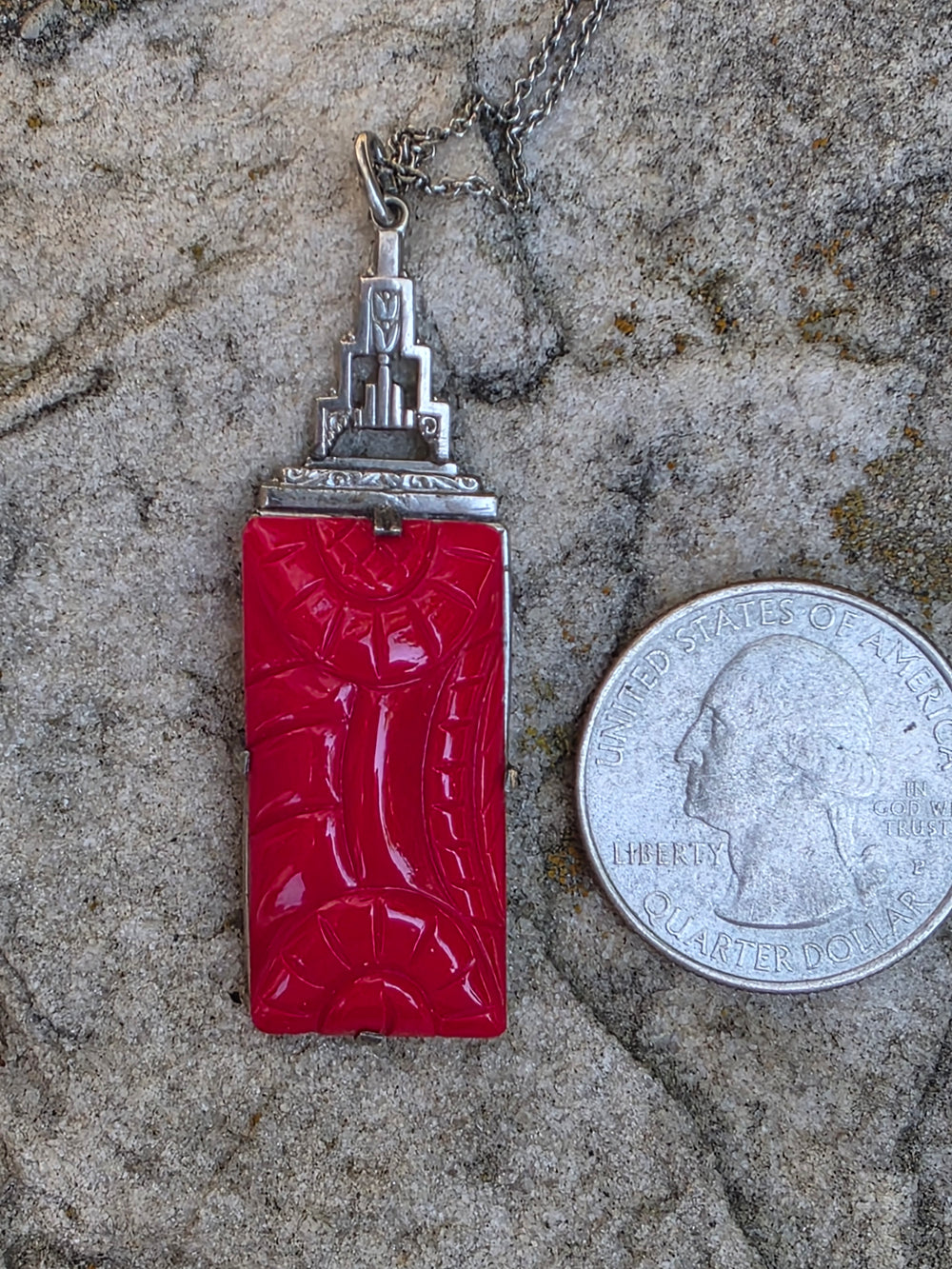 Art Deco Sterling Necklace / Glass Cinnabar Deco Necklace / 1930s Vintage Necklace