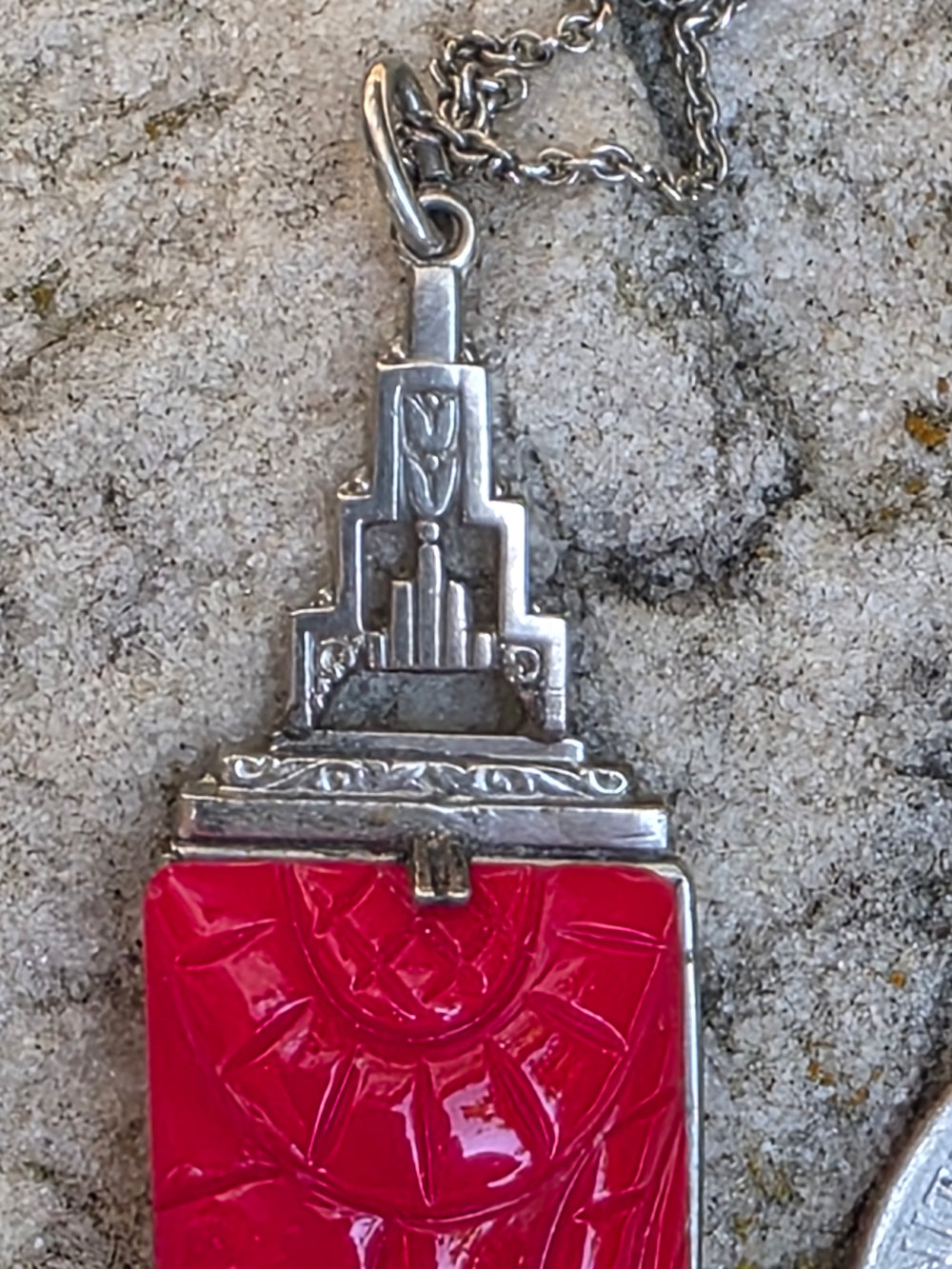 Art Deco Sterling Necklace / Glass Cinnabar Deco Necklace / 1930s Vintage Necklace