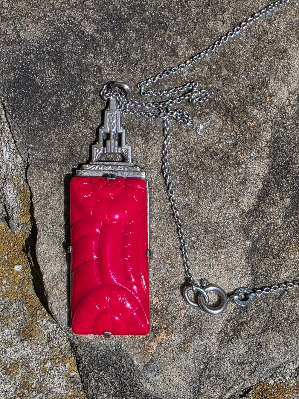 Art Deco Sterling Necklace / Glass Cinnabar Deco Necklace / 1930s Vintage Necklace