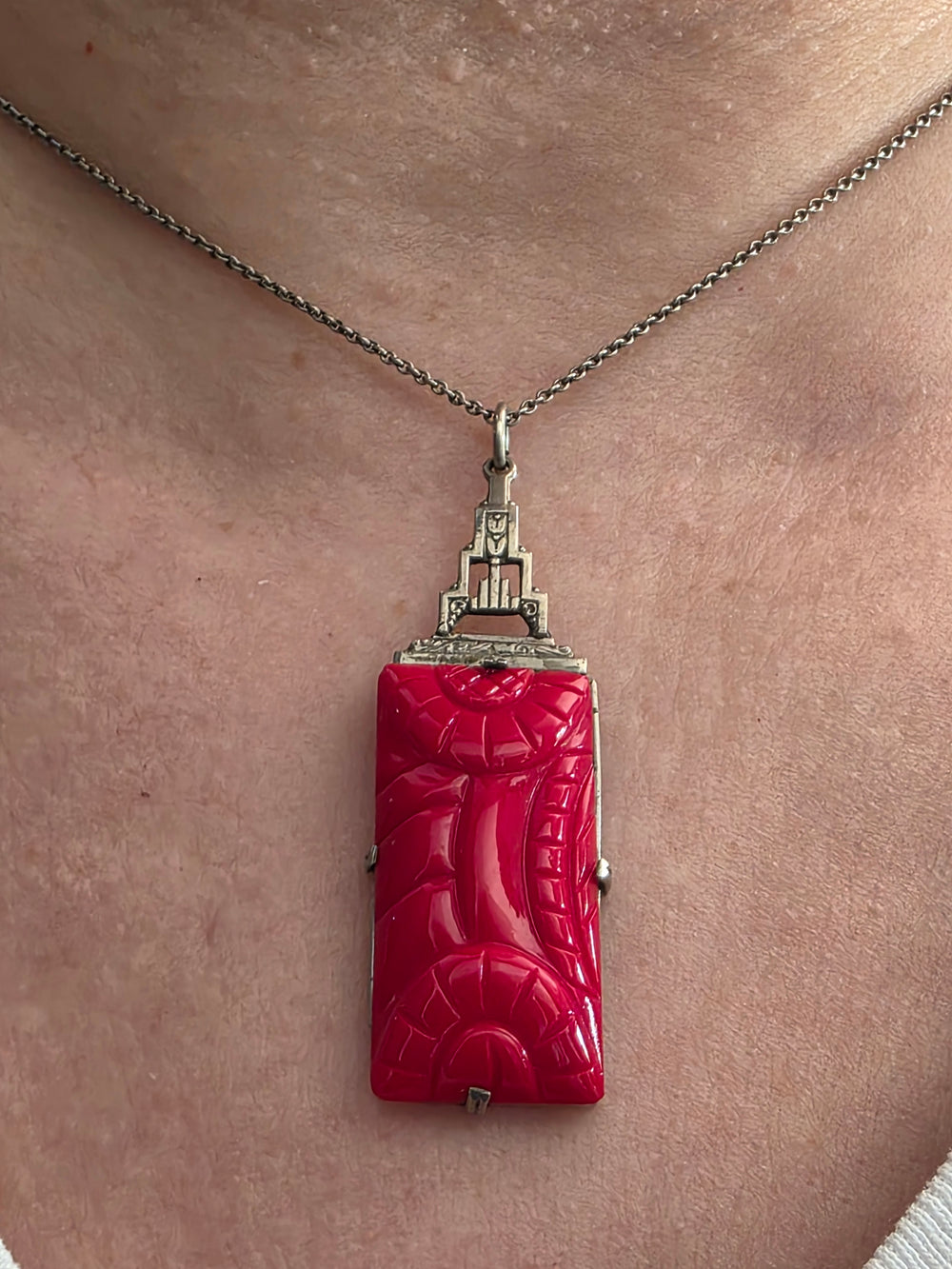 Art Deco Sterling Necklace / Glass Cinnabar Deco Necklace / 1930s Vintage Necklace