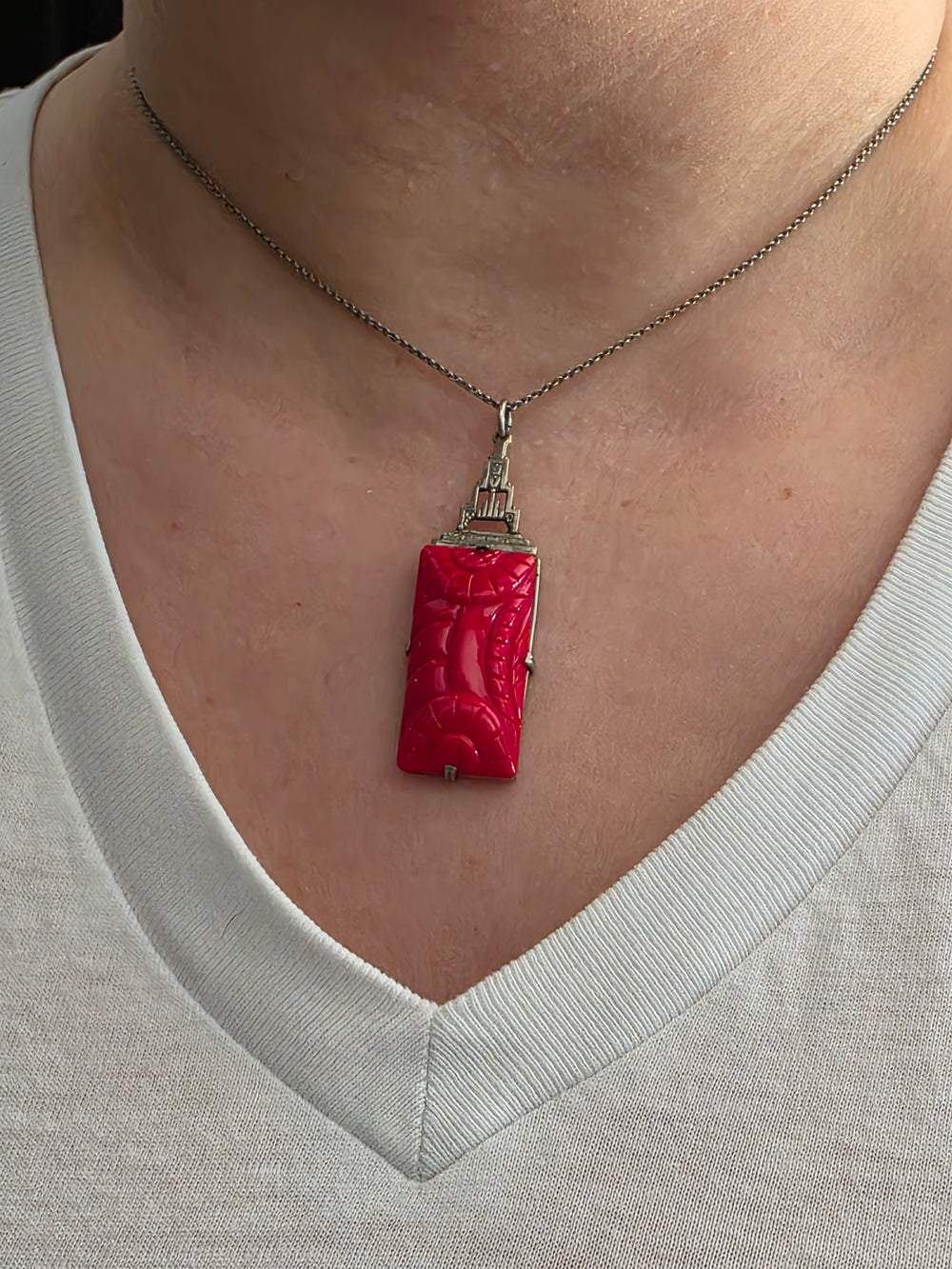 Art Deco Sterling Necklace / Glass Cinnabar Deco Necklace / 1930s Vintage Necklace