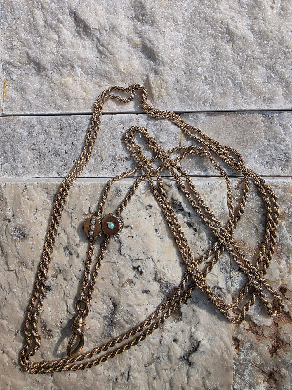 Edwardian Muff Chain / Gold Filled Muff Chain with Dog Clip / 49 Inch Long Antique Muff Chain / Opal and Seed Pearl Watch Chain