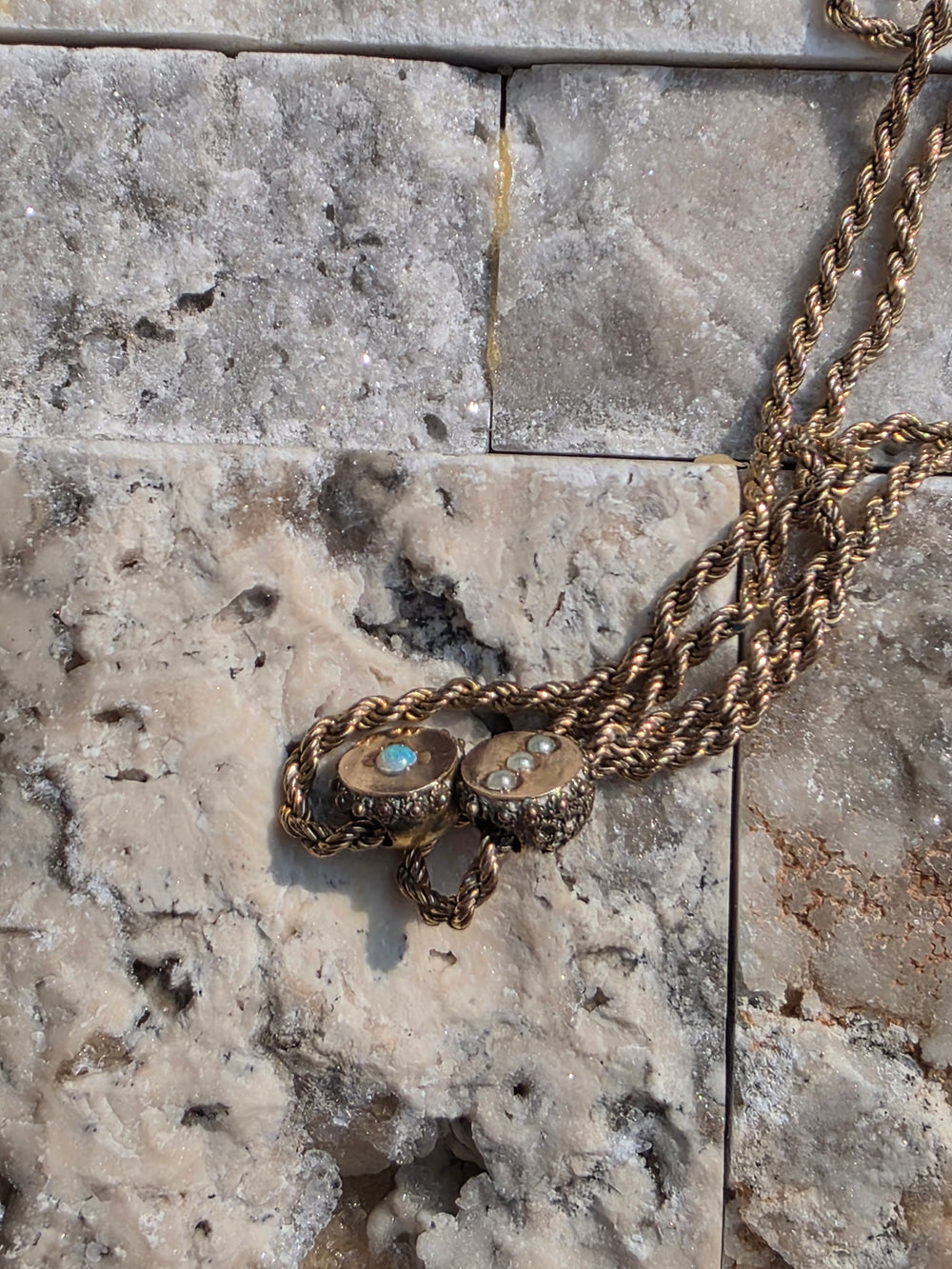 Edwardian Muff Chain / Gold Filled Muff Chain with Dog Clip / 49 Inch Long Antique Muff Chain / Opal and Seed Pearl Watch Chain