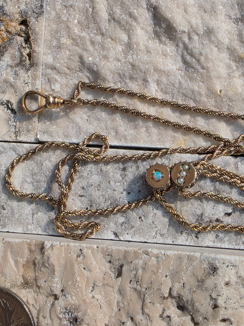 Edwardian Muff Chain / Gold Filled Muff Chain with Dog Clip / 49 Inch Long Antique Muff Chain / Opal and Seed Pearl Watch Chain