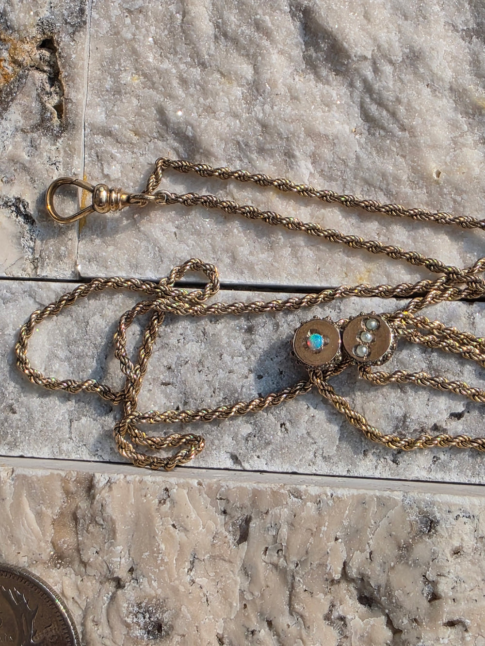 Edwardian Muff Chain / Gold Filled Muff Chain with Dog Clip / 49 Inch Long Antique Muff Chain / Opal and Seed Pearl Watch Chain