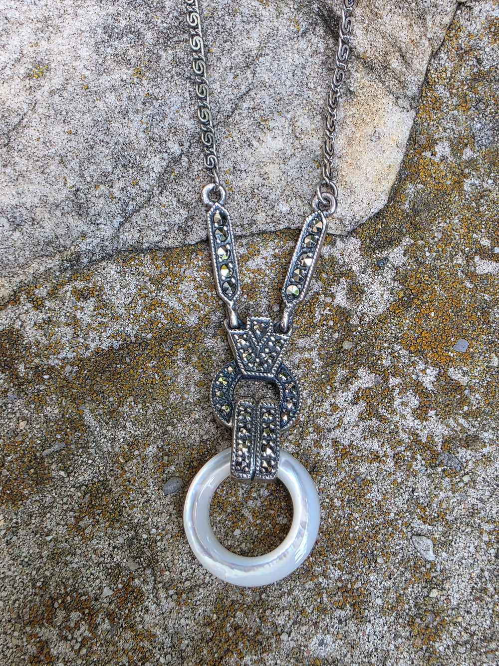 Marcasite and Mother of Pearl Art Deco Necklace / Mother of Pearl Ring Silver Necklace
