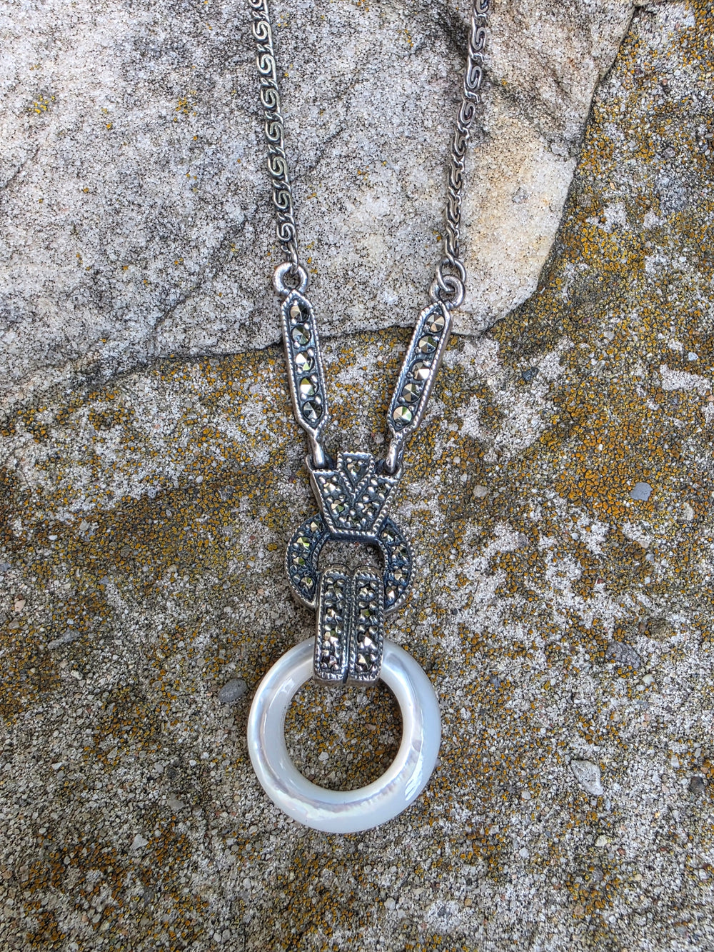 Marcasite and Mother of Pearl Art Deco Necklace / Mother of Pearl Ring Silver Necklace