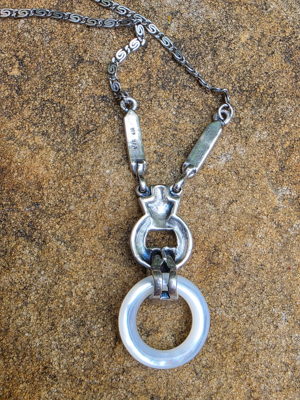 Marcasite and Mother of Pearl Art Deco Necklace / Mother of Pearl Ring Silver Necklace