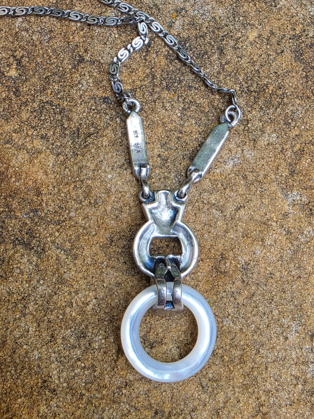 Marcasite and Mother of Pearl Art Deco Necklace / Mother of Pearl Ring Silver Necklace