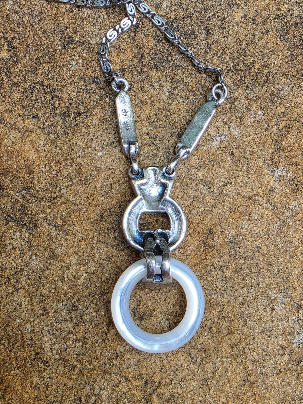 Marcasite and Mother of Pearl Art Deco Necklace / Mother of Pearl Ring Silver Necklace