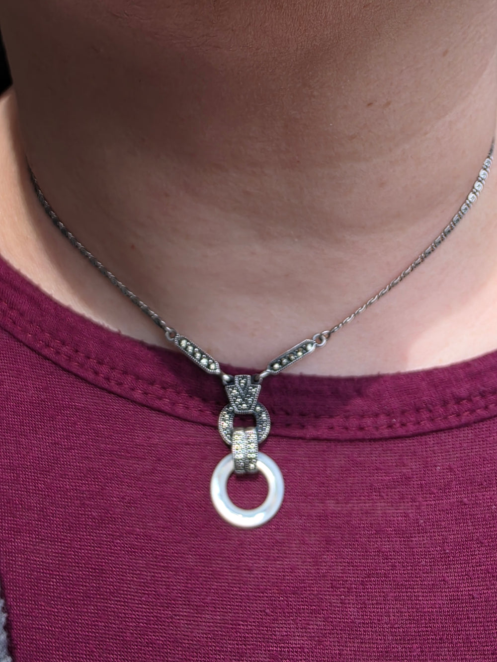 Marcasite and Mother of Pearl Art Deco Necklace / Mother of Pearl Ring Silver Necklace