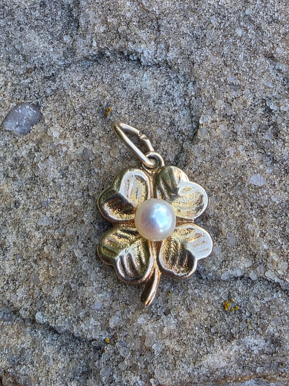 Lucky Four Leaf Clover Charm / Pearl and Yellow Gold Lucky Charm