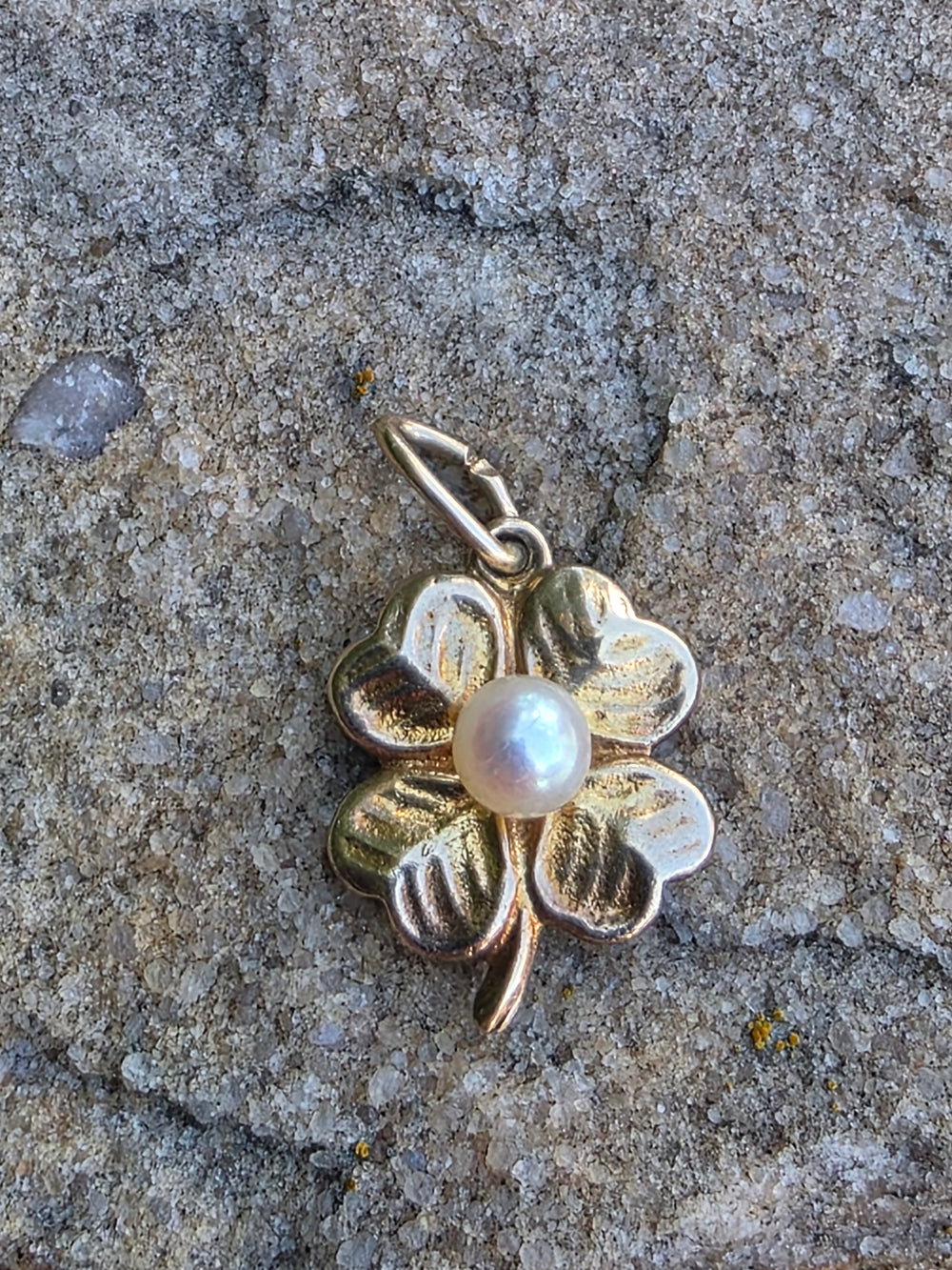 Lucky Four Leaf Clover Charm / Pearl and Yellow Gold Lucky Charm