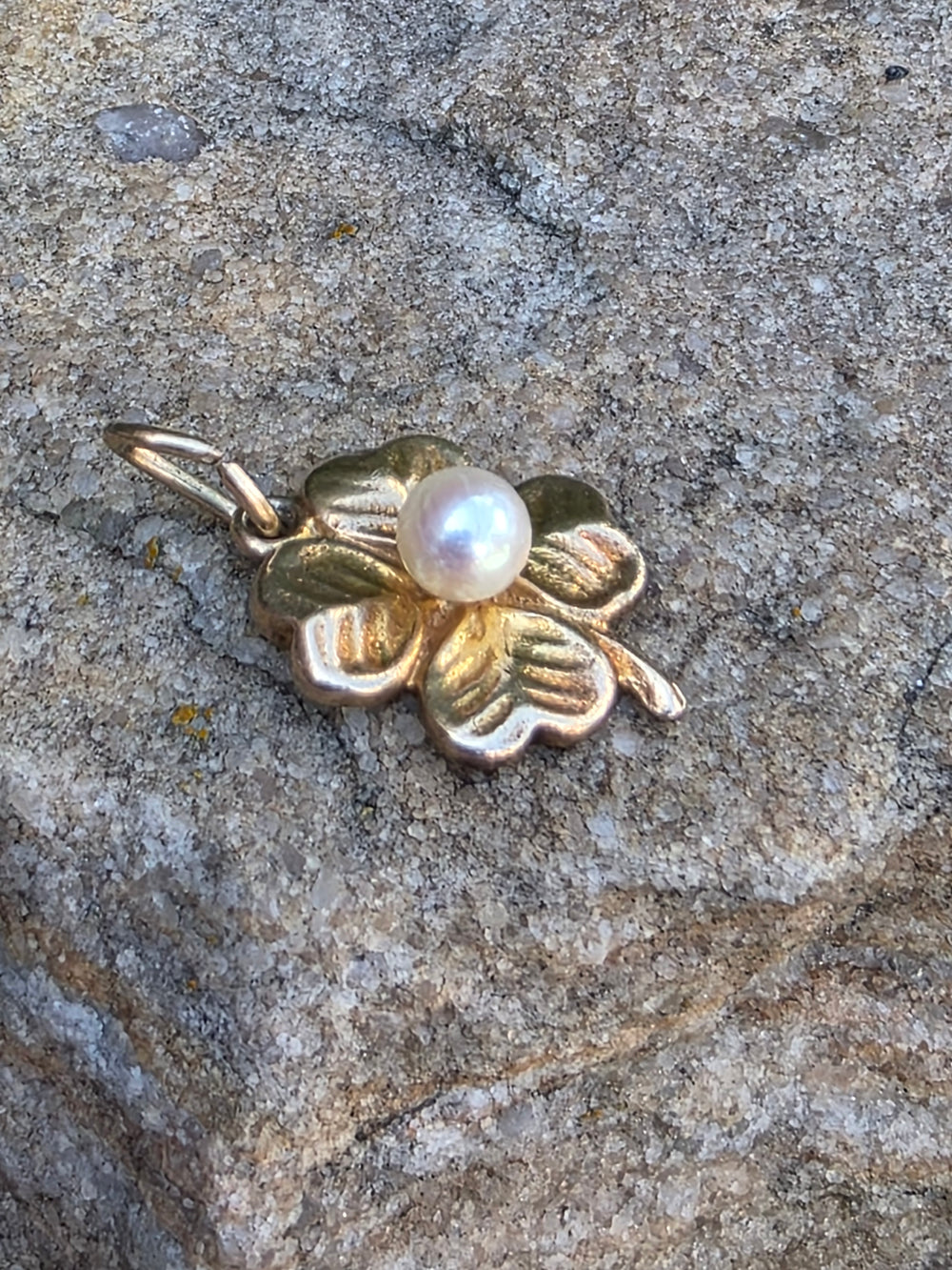 Lucky Four Leaf Clover Charm / Pearl and Yellow Gold Lucky Charm