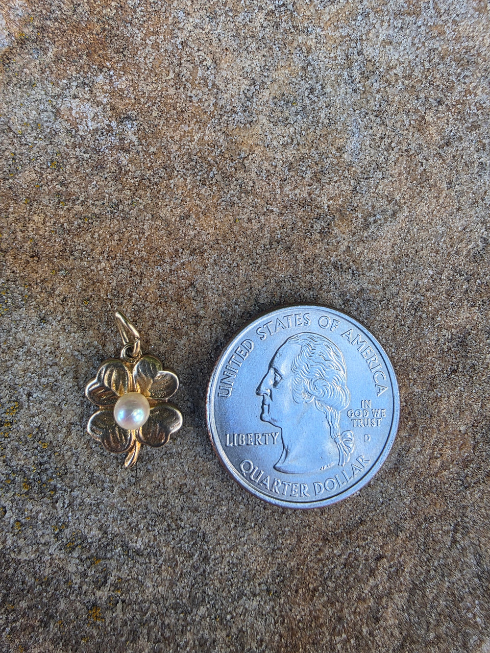 Lucky Four Leaf Clover Charm / Pearl and Yellow Gold Lucky Charm