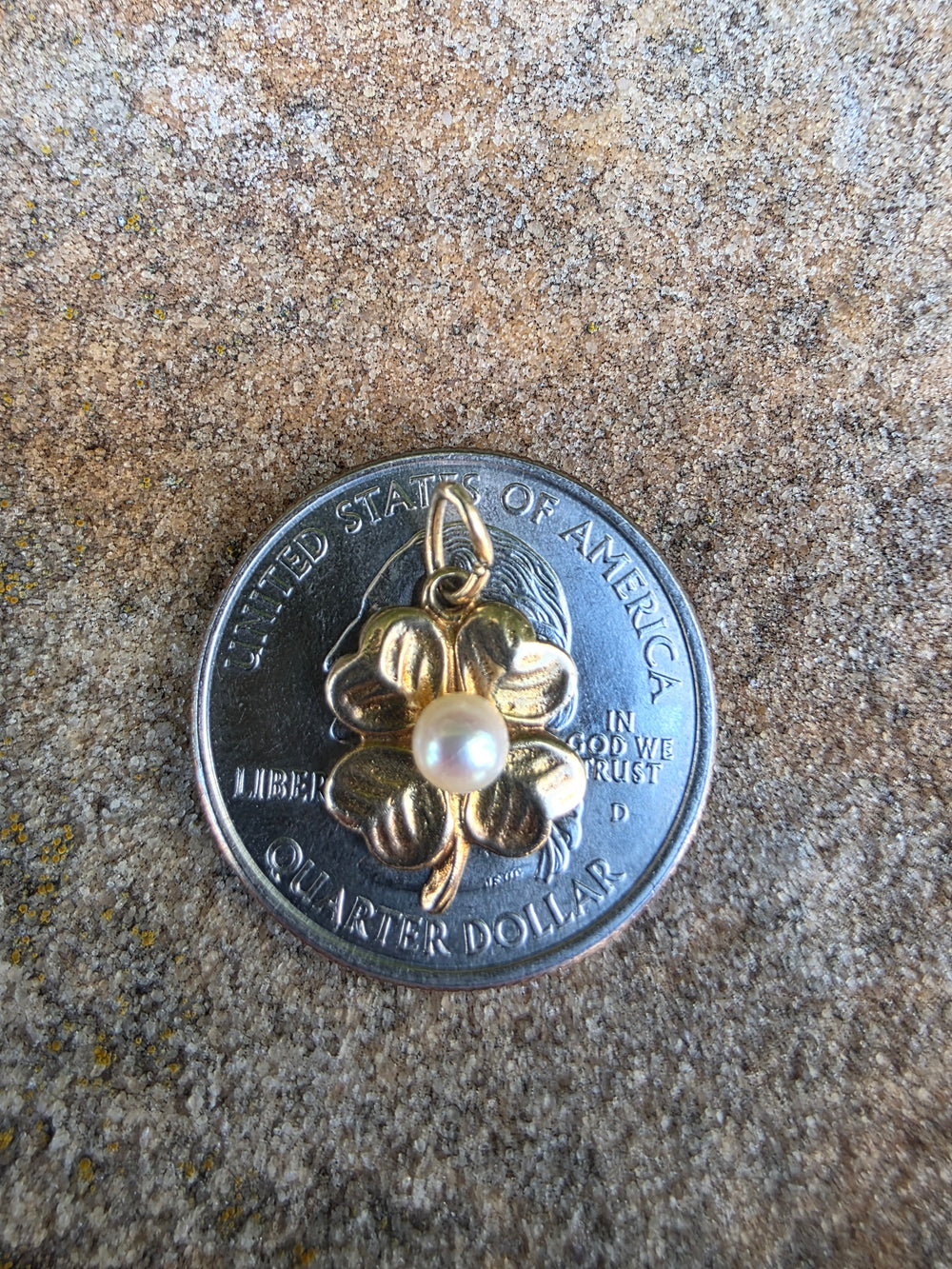 Lucky Four Leaf Clover Charm / Pearl and Yellow Gold Lucky Charm