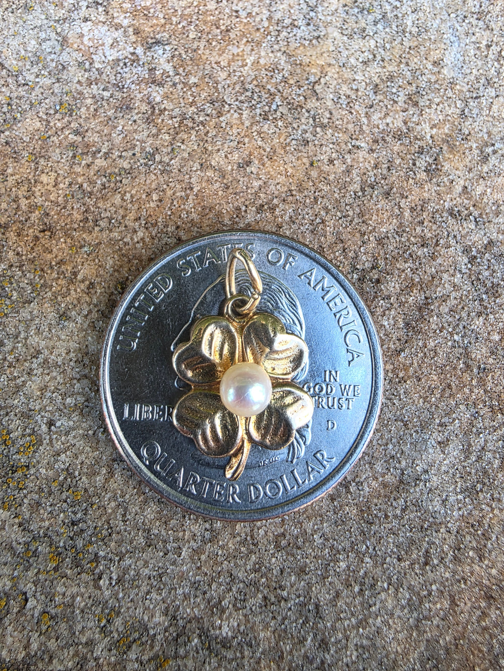 Lucky Four Leaf Clover Charm / Pearl and Yellow Gold Lucky Charm