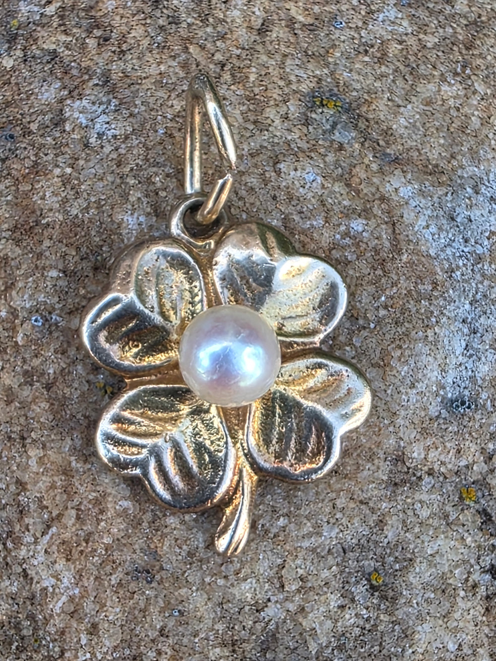 Lucky Four Leaf Clover Charm / Pearl and Yellow Gold Lucky Charm