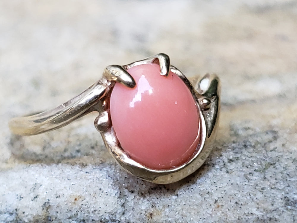 Angel Skin Coral Ring / 10K Yellow Gold and Natural Pink Coral Ring