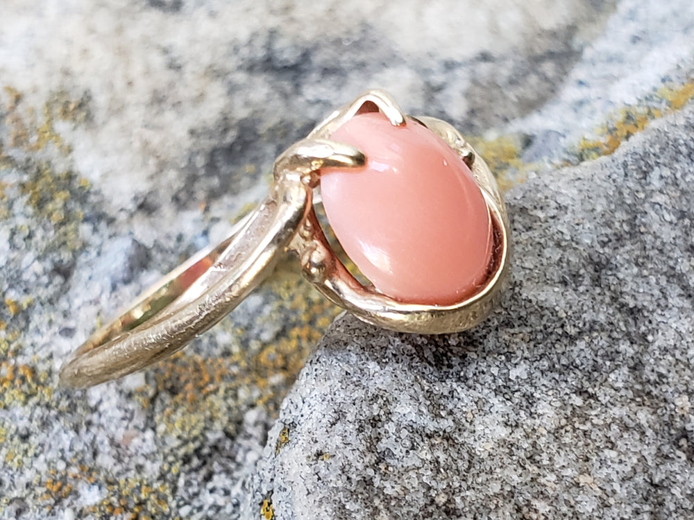 Angel Skin Coral Ring / 10K Yellow Gold and Natural Pink Coral Ring