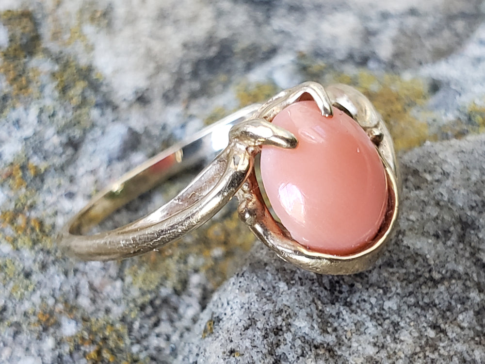 Angel Skin Coral Ring / 10K Yellow Gold and Natural Pink Coral Ring