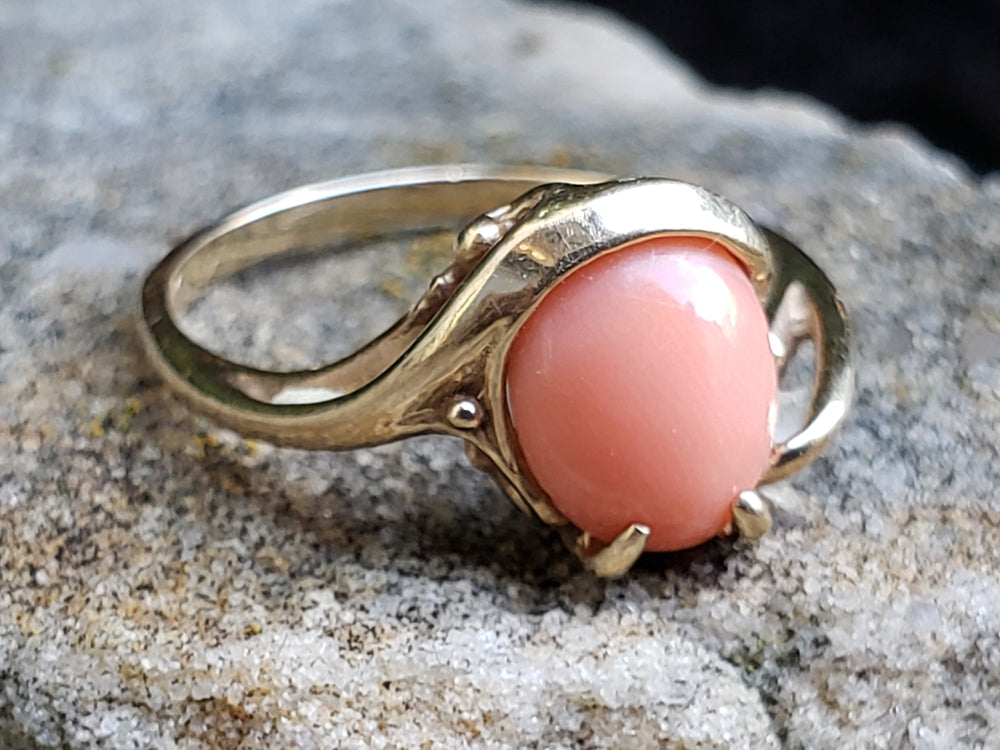 Angel Skin Coral Ring / 10K Yellow Gold and Natural Pink Coral Ring