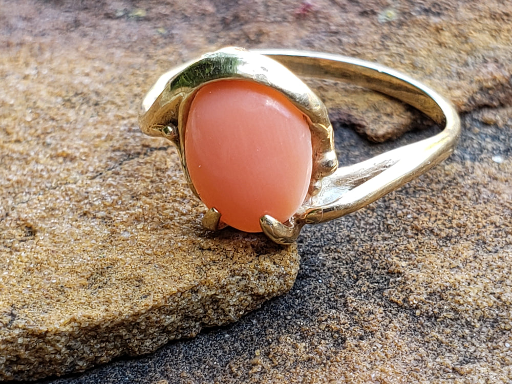 Angel Skin Coral Ring / 10K Yellow Gold and Natural Pink Coral Ring