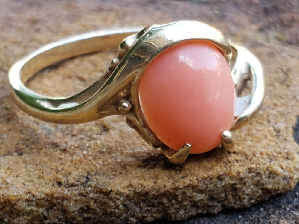 Angel Skin Coral Ring / 10K Yellow Gold and Natural Pink Coral Ring