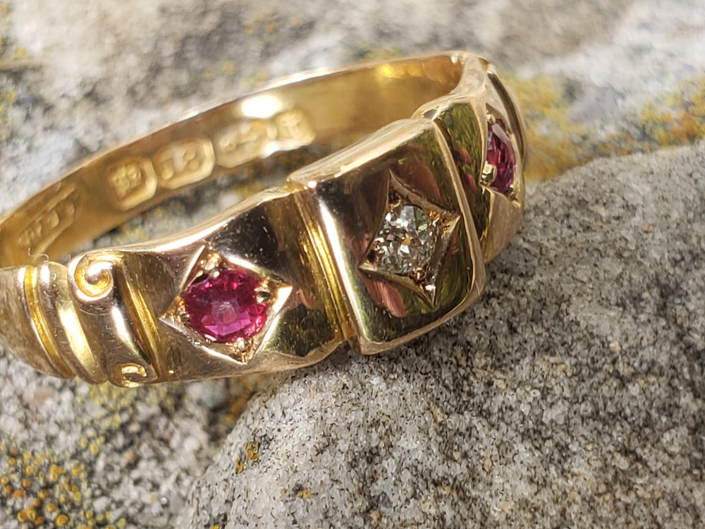 Ruby and Diamond Ring Circa 1893 / Gold Hallmarked Natural Diamond and Natural Ruby Ring