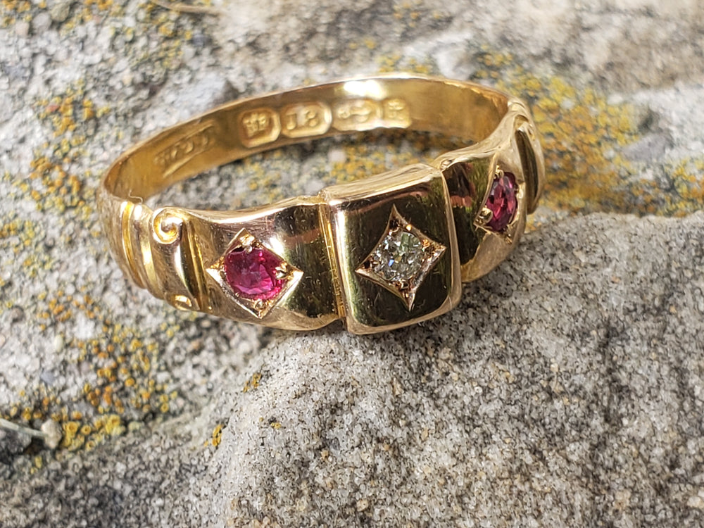 Ruby and Diamond Ring Circa 1893 / Gold Hallmarked Natural Diamond and Natural Ruby Ring