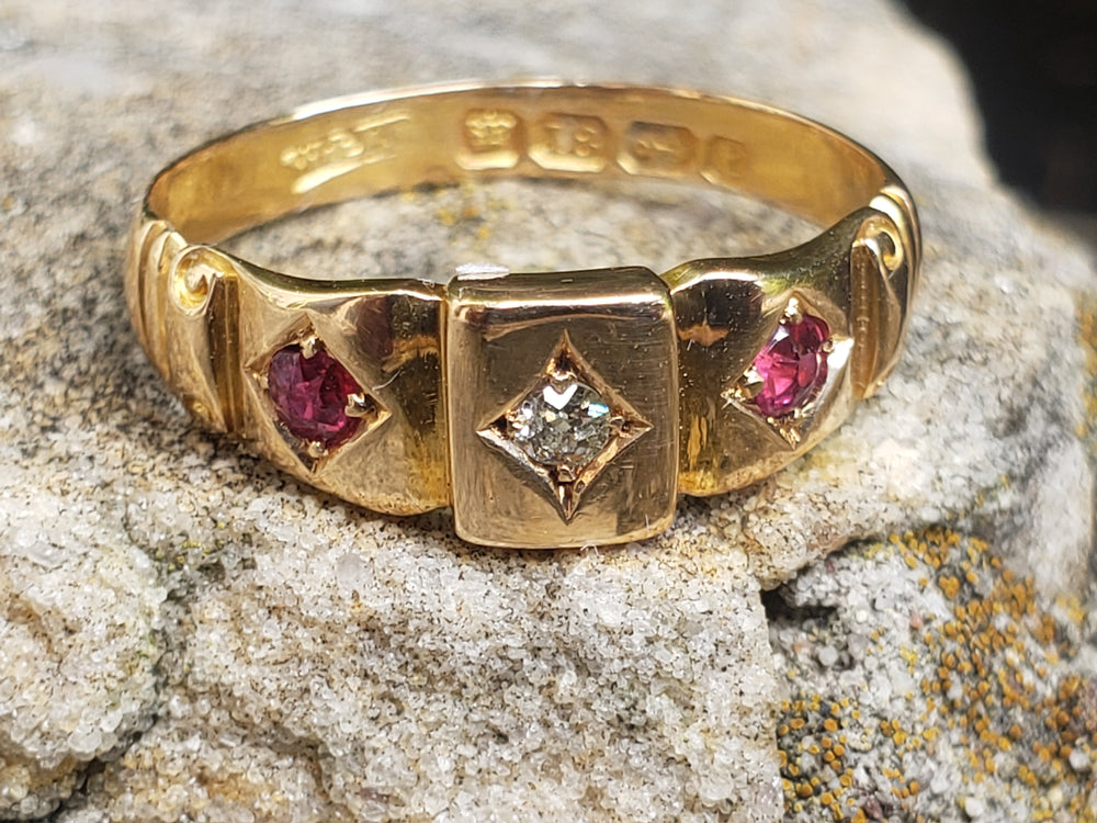 Ruby and Diamond Ring Circa 1893 / Gold Hallmarked Natural Diamond and Natural Ruby Ring