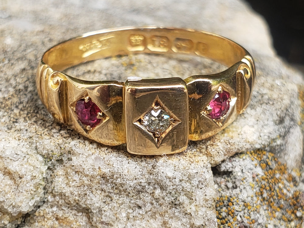 Ruby and Diamond Ring Circa 1893 / Gold Hallmarked Natural Diamond and Natural Ruby Ring