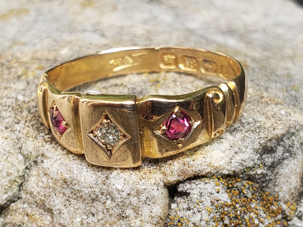 Ruby and Diamond Ring Circa 1893 / Gold Hallmarked Natural Diamond and Natural Ruby Ring