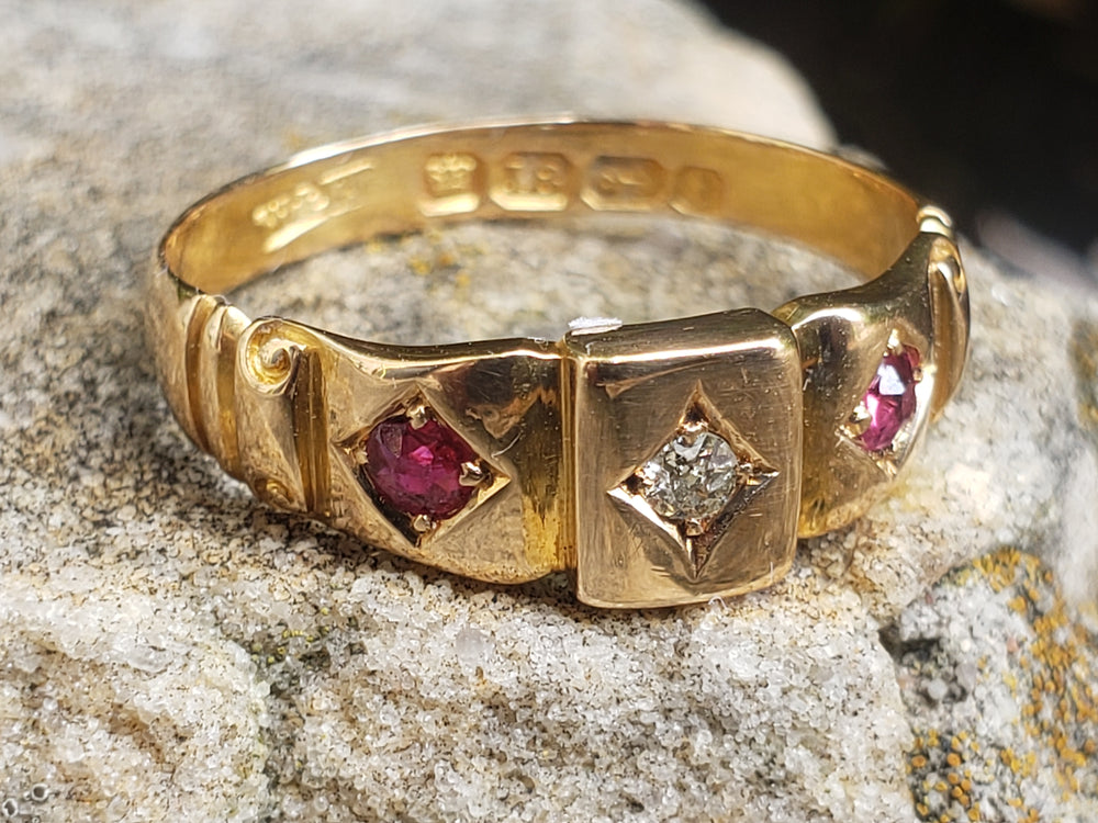 Ruby and Diamond Ring Circa 1893 / Gold Hallmarked Natural Diamond and Natural Ruby Ring