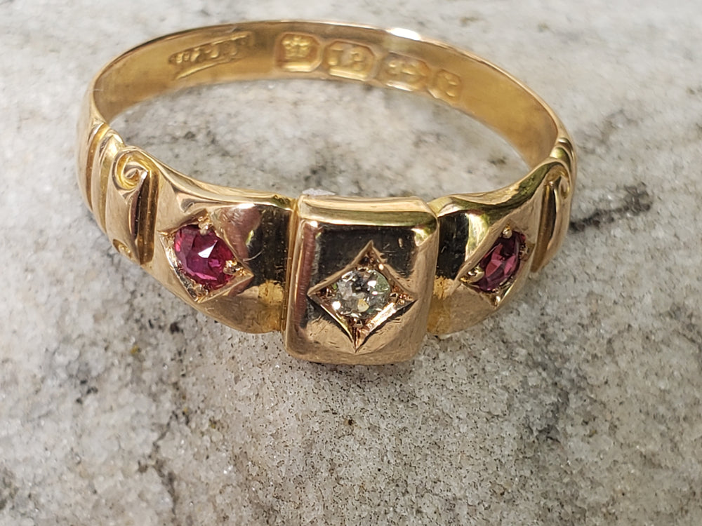 Ruby and Diamond Ring Circa 1893 / Gold Hallmarked Natural Diamond and Natural Ruby Ring