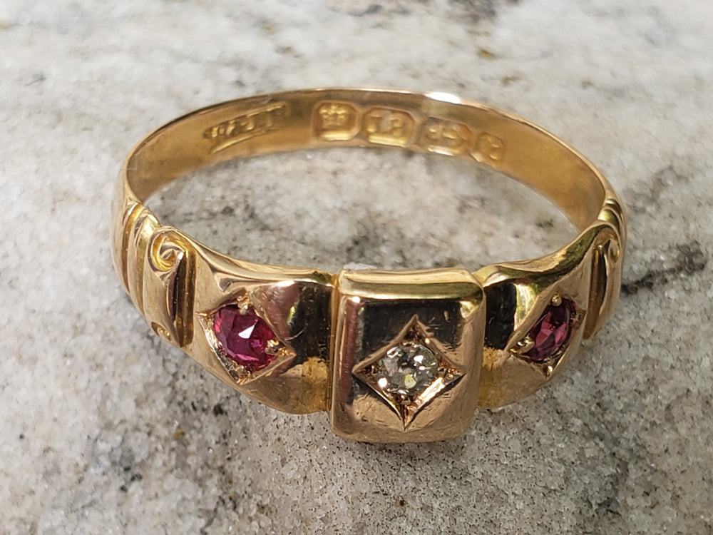 Ruby and Diamond Ring Circa 1893 / Gold Hallmarked Natural Diamond and Natural Ruby Ring