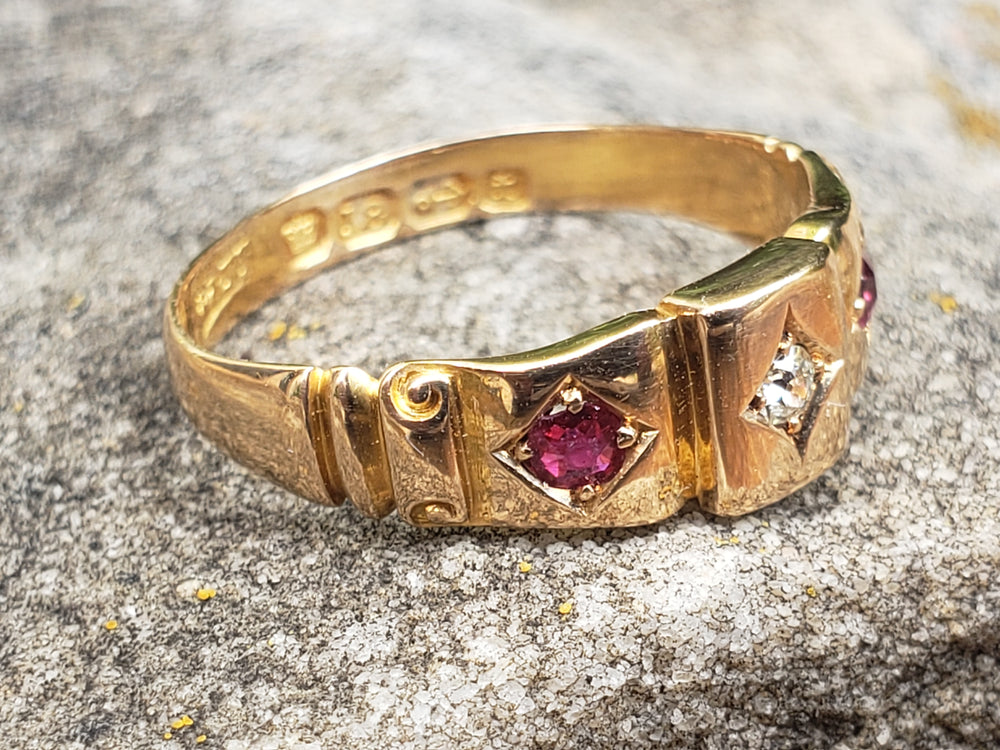 Ruby and Diamond Ring Circa 1893 / Gold Hallmarked Natural Diamond and Natural Ruby Ring