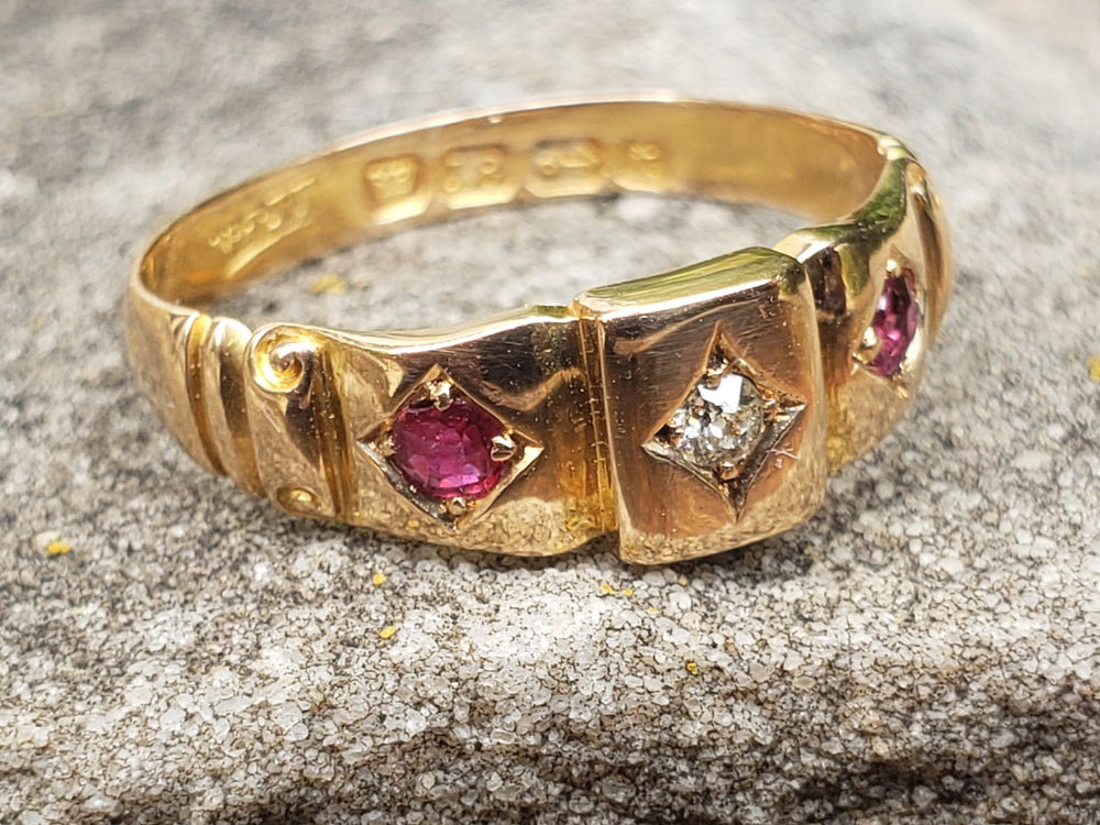 Ruby and Diamond Ring Circa 1893 / Gold Hallmarked Natural Diamond and Natural Ruby Ring