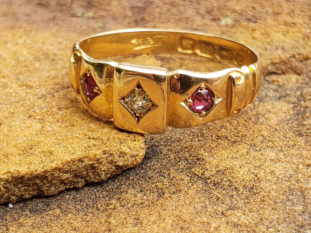 Ruby and Diamond Ring Circa 1893 / Gold Hallmarked Natural Diamond and Natural Ruby Ring