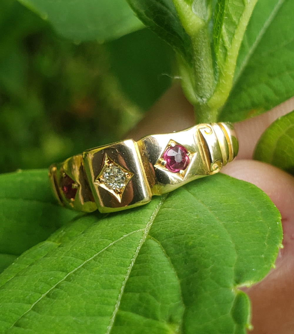 Ruby and Diamond Ring Circa 1893 / Gold Hallmarked Natural Diamond and Natural Ruby Ring