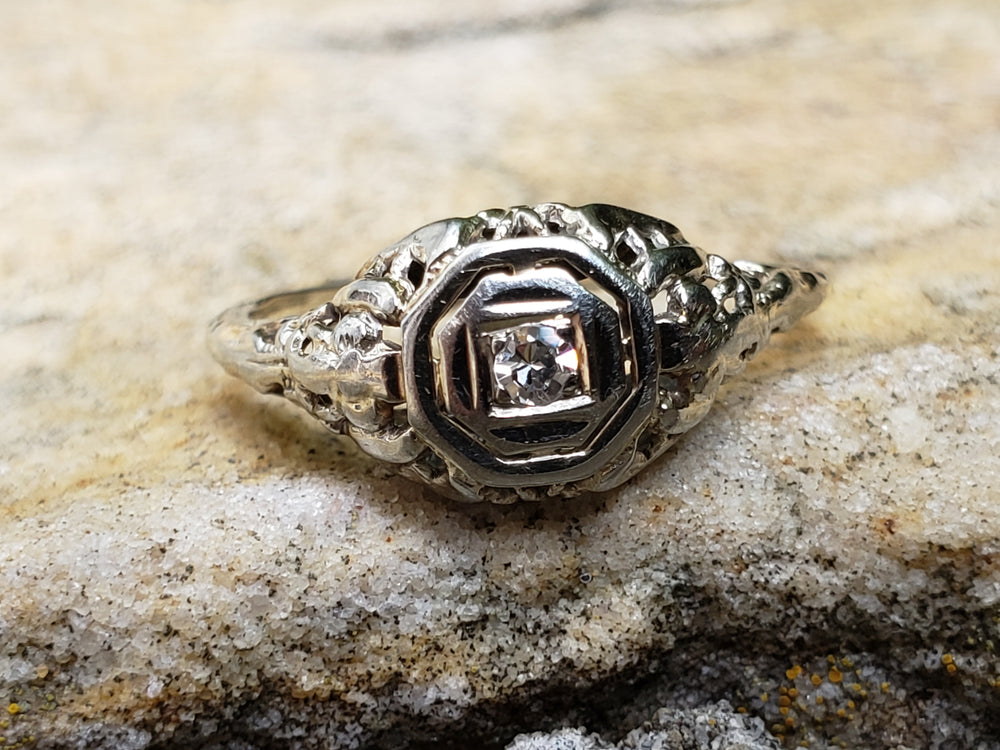 Art Deco Diamond Engagement Ring / White Gold Filigree Diamond Ring / Antique Engagement Ring