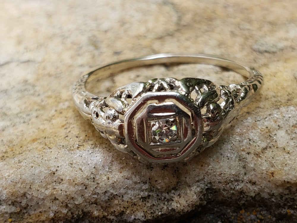 Art Deco Diamond Engagement Ring / White Gold Filigree Diamond Ring / Antique Engagement Ring