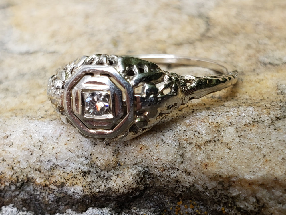 Art Deco Diamond Engagement Ring / White Gold Filigree Diamond Ring / Antique Engagement Ring