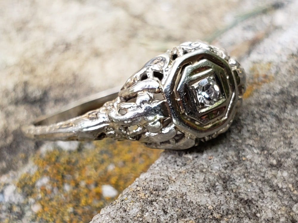 Art Deco Diamond Engagement Ring / White Gold Filigree Diamond Ring / Antique Engagement Ring