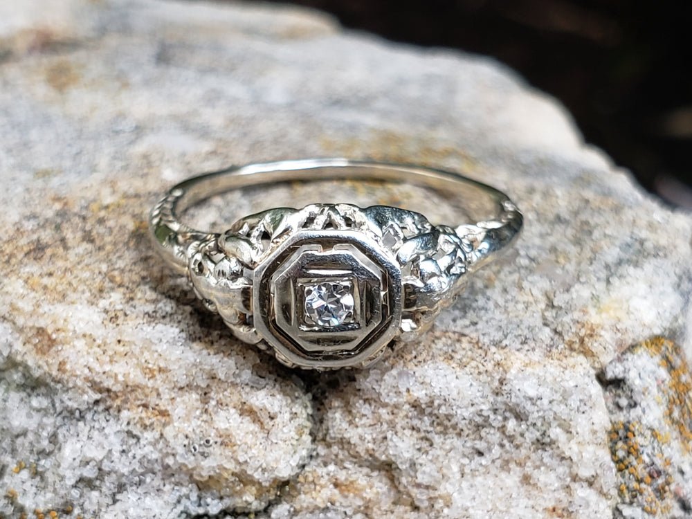 Art Deco Diamond Engagement Ring / White Gold Filigree Diamond Ring / Antique Engagement Ring