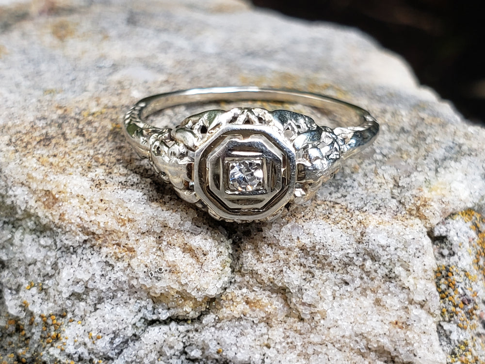 Art Deco Diamond Engagement Ring / White Gold Filigree Diamond Ring / Antique Engagement Ring